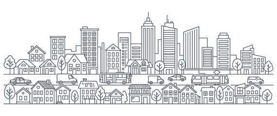 Fototapeta premium Panoramic city skyline illustration featuring urban landscape residential houses and traffic.