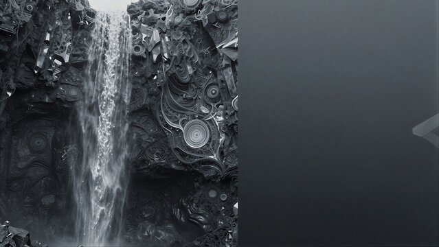 A waterfall cascades down a mechanical, intricate cliff face in monochrome.