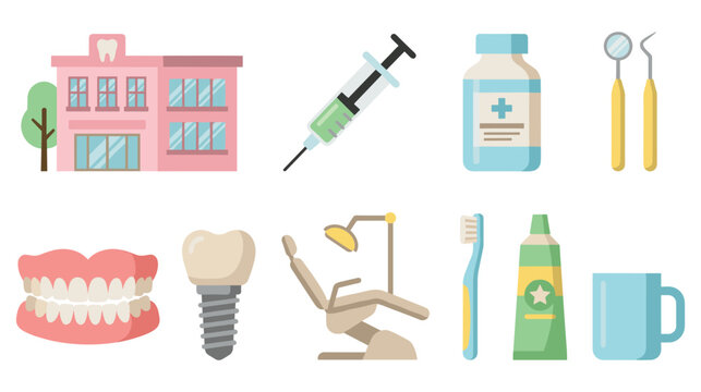 Dental clinic equipment and oral health colorful icon set for medical care service theme.