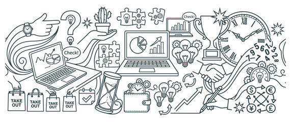 Obraz premium Business and strategy doodle illustration for marketing analytics and teamwork workflows.