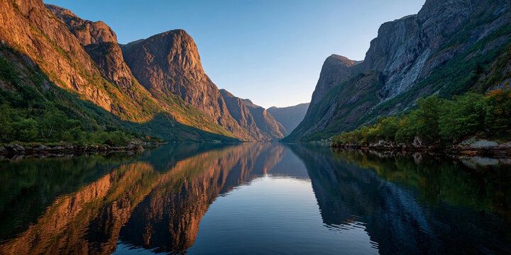 Towering Mountains Reflected in Perfectly Still Fjord River