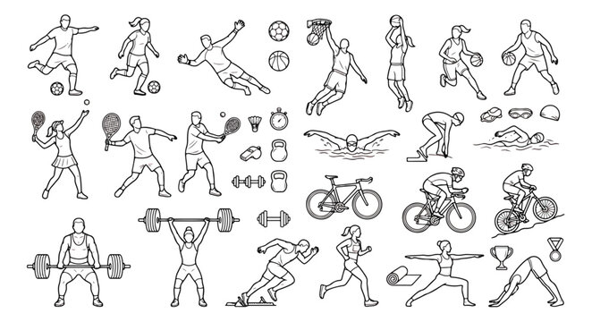 Sport athletes line icons set, fitness activity vector silhouettes, olympic competition symbols