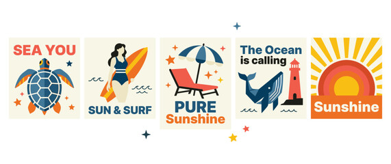 Summer vacation theme posters collection with turtle surfer chair whale and sun graphics. © md