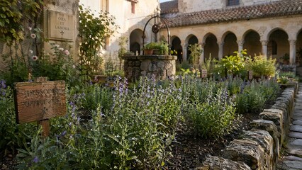 Fototapeta premium hyssop. Serene herb garden in an ancient monastery courtyard with dew. event programs, museum guides, cultural reports, designed for cultural heritage projects and event programs, used by professors.