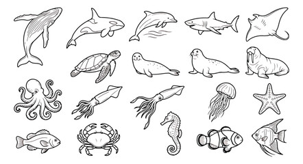 Fototapeta premium Hand drawn sea animals collection, 20 ocean life vector icons, black and white marine life set