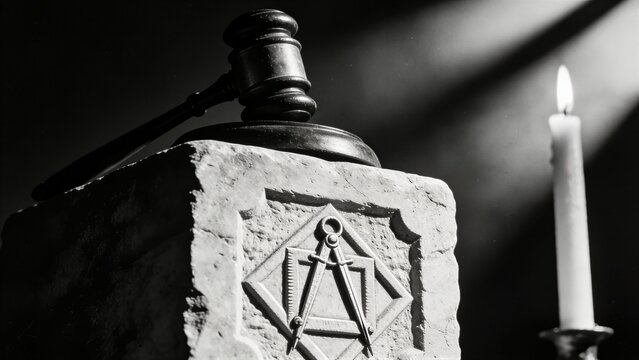 Masonic gavel resting on a stone block engraved with the square and compasses symbol. Candle light illuminating a secret chamber. Symbol of Freemasonry, ritual, craft and society.
