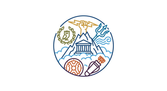 Emblem with building and symbols.