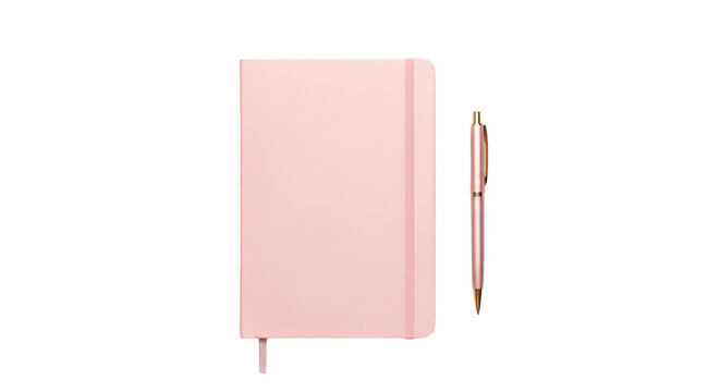 Pink notebook and matching pen on a desk isolated on transparent background