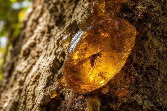 copal. Golden amber copal resin trapped in tree bark containing a preserved insect. gardening catalogs, home-decor guides, designed for home decor and floral branding, used by nutritionists.