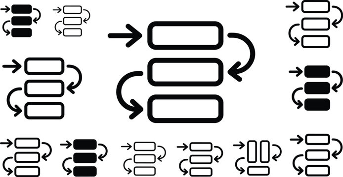 Workflow process cycle icon collection, business system diagram, step stages sequence, circular data flow, task management indicator, loop operations.
