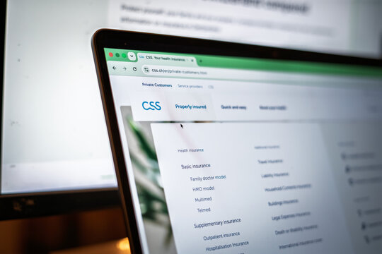 BERN, SWITZERLAND - JUNE 9, 2026: A laptop screen shows the CSS logo and health insurance on the company's website. CSS is a Swiss insurer offering basic, supplementary and other insurance products.