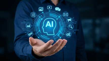 Fototapeta premium Ai agent workflow agentic concept hand gesture silhouette head profile. intelligence solution management. future innovation system, assistant network process, automation technology