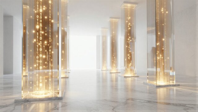 Glowing binary code columns in a futuristic, elegant white marble hallway.