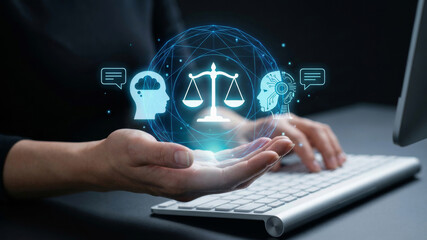 Fototapeta premium Ai society transform justice law ethics governance regulation compliance balance. future intelligence innovation. algorithm network learning system, justice law policy