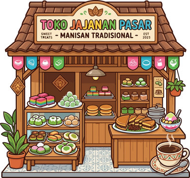Charming Vector Illustration of Traditional Indonesian Pasar Sweet Treats Stall Toko Jajanan with Colorful Snacks and Coffee food stalls manisan