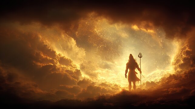 Fantasy, mysterious, wallpaper. A vivid portrayal of a warrior, likely a deity or deity, standing amidst a fiery sky. The warrior, clad in traditional attire.
