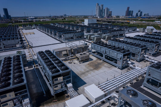 Bird view at datacenter. Data center is full of servers, networking gear, storage, power systems, cooling systems that store and process digital information