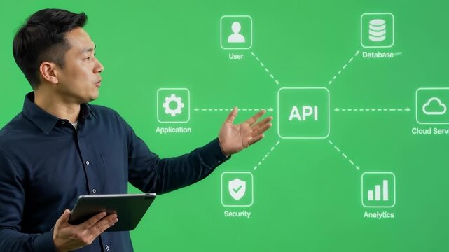 Business professional explains API architecture diagram on a green screen with animated icons representing user, database, cloud, analytics, security, and application integration.