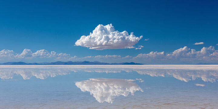 Bolivian Salt Flat Reflecting Blue Sky and Mountains