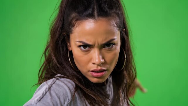 Determined Young Woman with Flowing Hair and Hoop Earrings Stares Intently with a Stern Expression, Pointing OffCamera