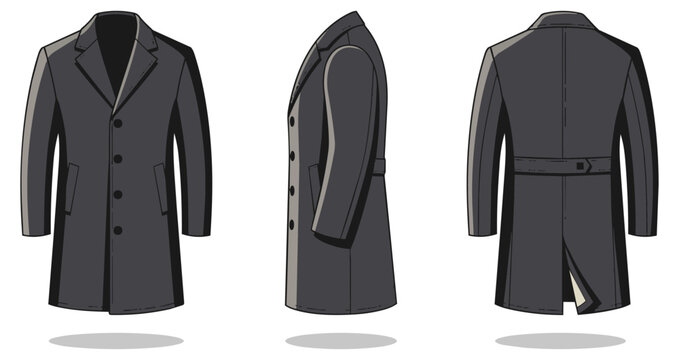 Mens wool overcoat technical fashion flat sketch front side and back view isolated on white