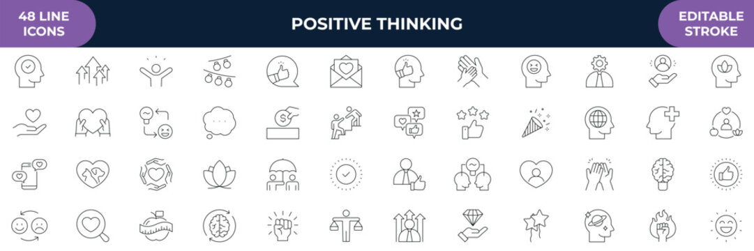 Positive thinking line icons set. Containing happiness, optimism, self-care, emotions, positive mindset, healthy lifestyle and more. line Icon Collection. Editable stroke. Vector illustration