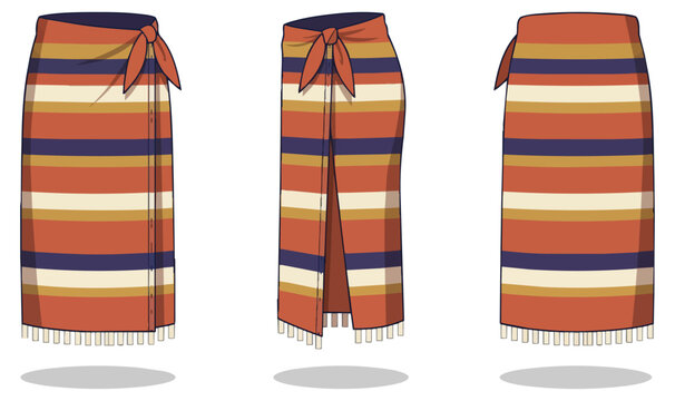 Striped wrap skirt fashion technical drawing front and back view with tie waist and fringe hem