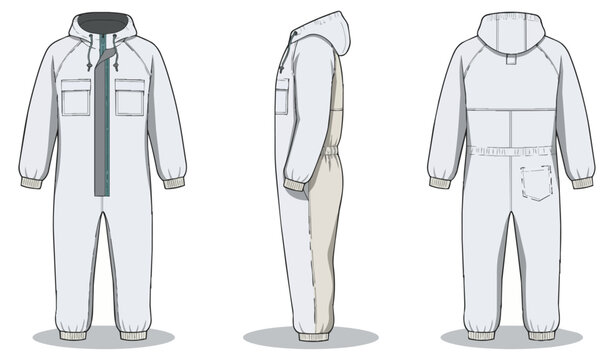 Hooded coverall jumpsuit technical fashion flat sketch front side and back view