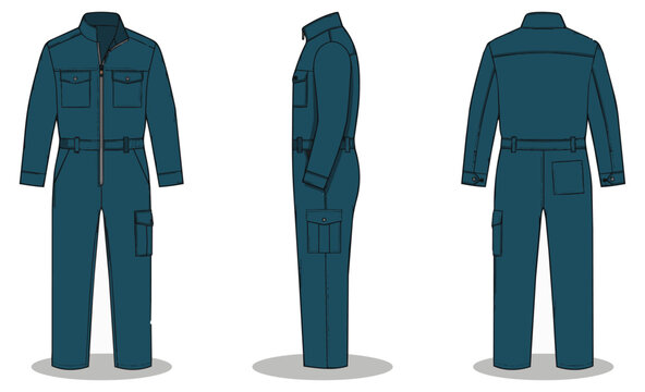 Teal work coverall jumpsuit technical fashion flat sketch front side and back view