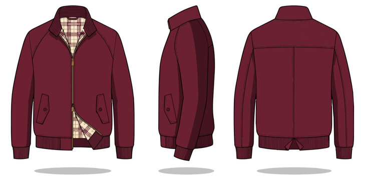 Harrington jacket technical fashion drawing burgundy bomber jacket front side and back view