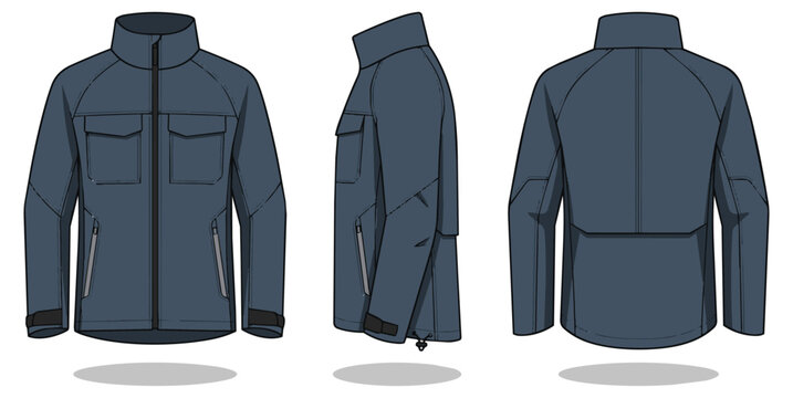 Softshell jacket technical fashion drawing front side and back view flat sketch template