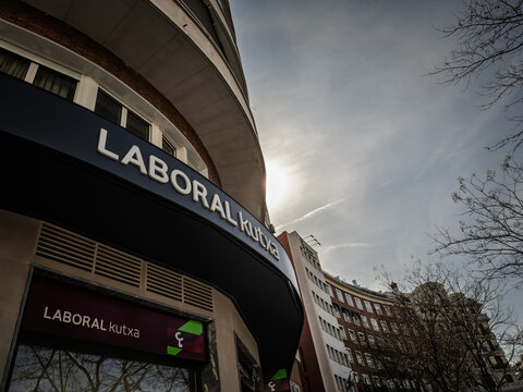 MADRID, SPAIN - FEBRUARY 24, 2026: Laboral Kutxa logo on a bank branch in Madrid, Laboral Kutxa is a basque spanish retail bank and credit institution.
