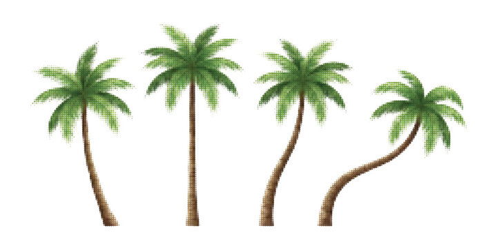 Set of four tropical palm trees exotic summer beach vacation plant collection halftone graphic vector bundle