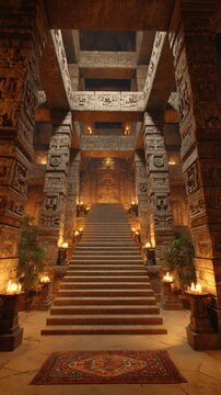 Maya Aztec civilization, Mexico culture. Mysterious, fantasy. A detailed, highresolution photograph of an ancient temple interior.