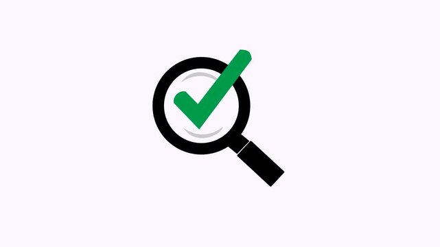 Black magnifying glass icon with bold green check mark, suitable for graphics related to search, success, confirmation, or verification themes.
