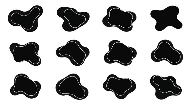 Set of twelve black amorphous rounded shapes with white internal outlines on a white background, organic liquid blobs for abstract graphic design and modern minimalist UI layouts.