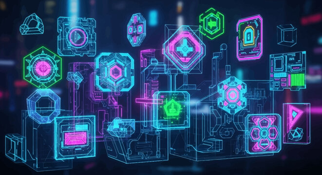 Futuristic digital interfaces, glowing neon shapes and data schematics