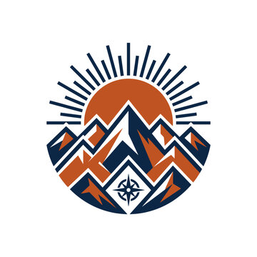 Nature exploration symbol with mountains, sun and compass rose