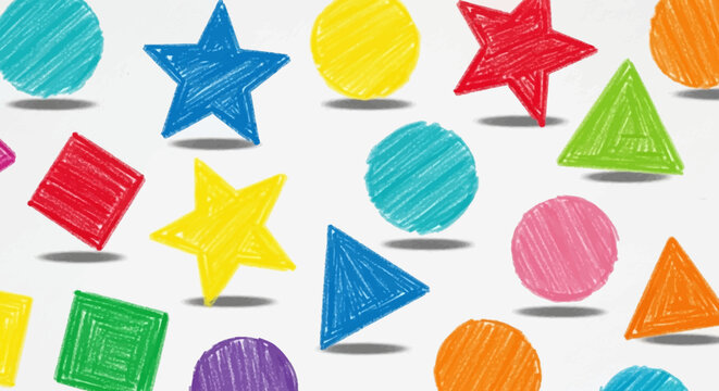 Colorful Crayon Shapes: Stars, Circles, Squares and Triangles on White