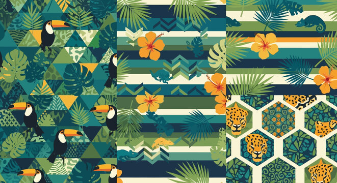 Tropical Pattern Collage: Toucans, Leopards, Hibiscus, Leaves, Geometric