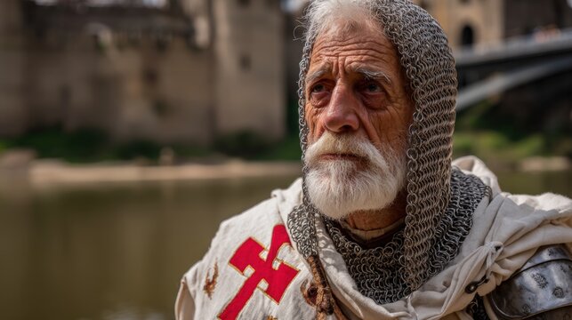 Europe medieval lifestyle. A closeup portrait of an elderly man wearing a chainmail helmet and a white robe with a red cross emblem.