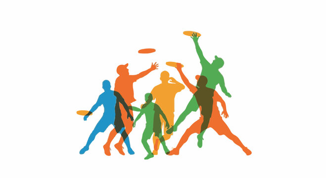 Colorful overlapping silhouettes of athletes playing ultimate frisbee game, jumping and catching flying discs in motion against a minimalist white background vector illustration.