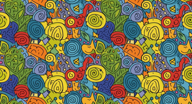 Whimsical Doodle Pattern: Colorful Abstract Shapes and Swirls
