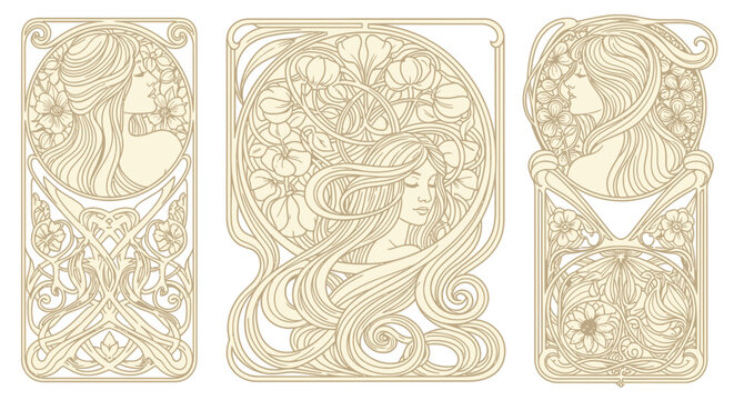 Art Nouveau Female Portraits with Floral Elements