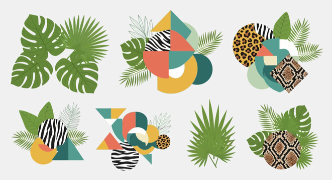 Abstract Jungle Geometric Shapes with Tropical Leaves and Animal Prints