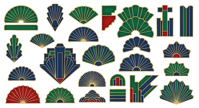 Art Deco Fan Motifs: Geometric Patterns in Green, Blue, Red & Gold