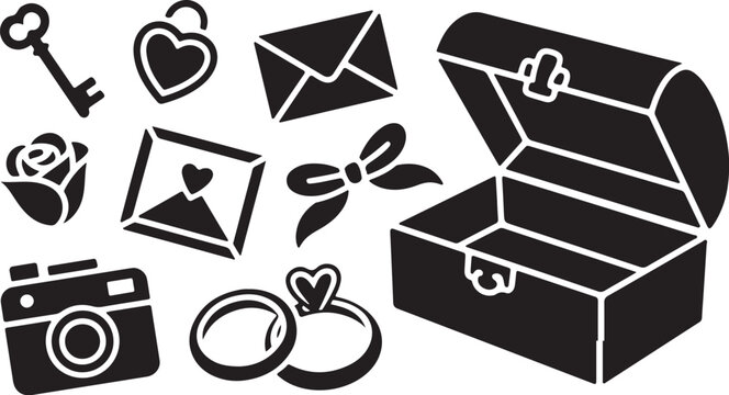 Vintage memory box icons. Wedding keepsake vector set.