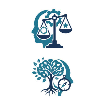 Conceptual icons representing thought, balance, growth and direction