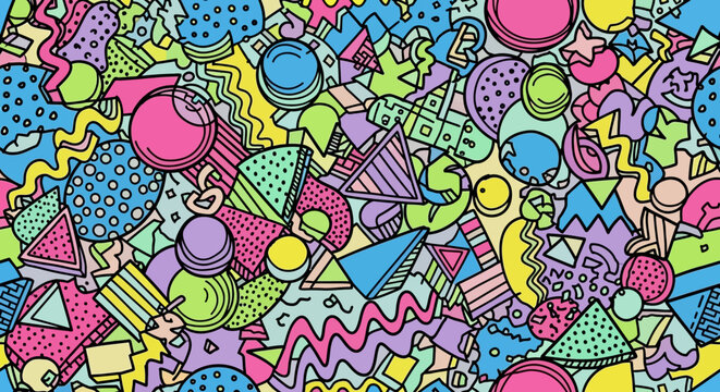 Retro 80s Memphis Style Pattern Background, Abstract Shapes and Colors