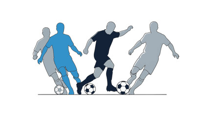 Fototapeta premium Vector illustration of four soccer player silhouettes in blue and gray shades dribbling soccer balls on a white background, representing sports competition and athletic teamwork.